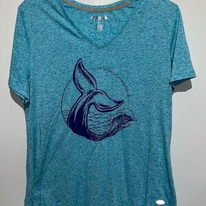 Reel Legends Women's Blue No Tales Go Unexplored V-Neck Linen Blend T-Shirt XL